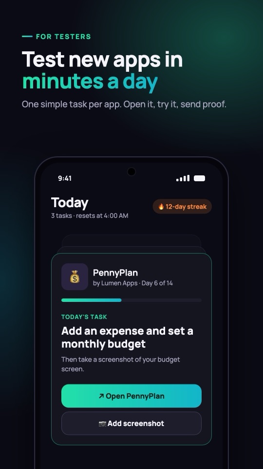 Tester's Today screen with the day's task card. Test new apps in minutes a day.